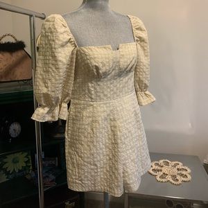 Nasty Gal tan plaid romper with puffed sleeve Like new with pockets